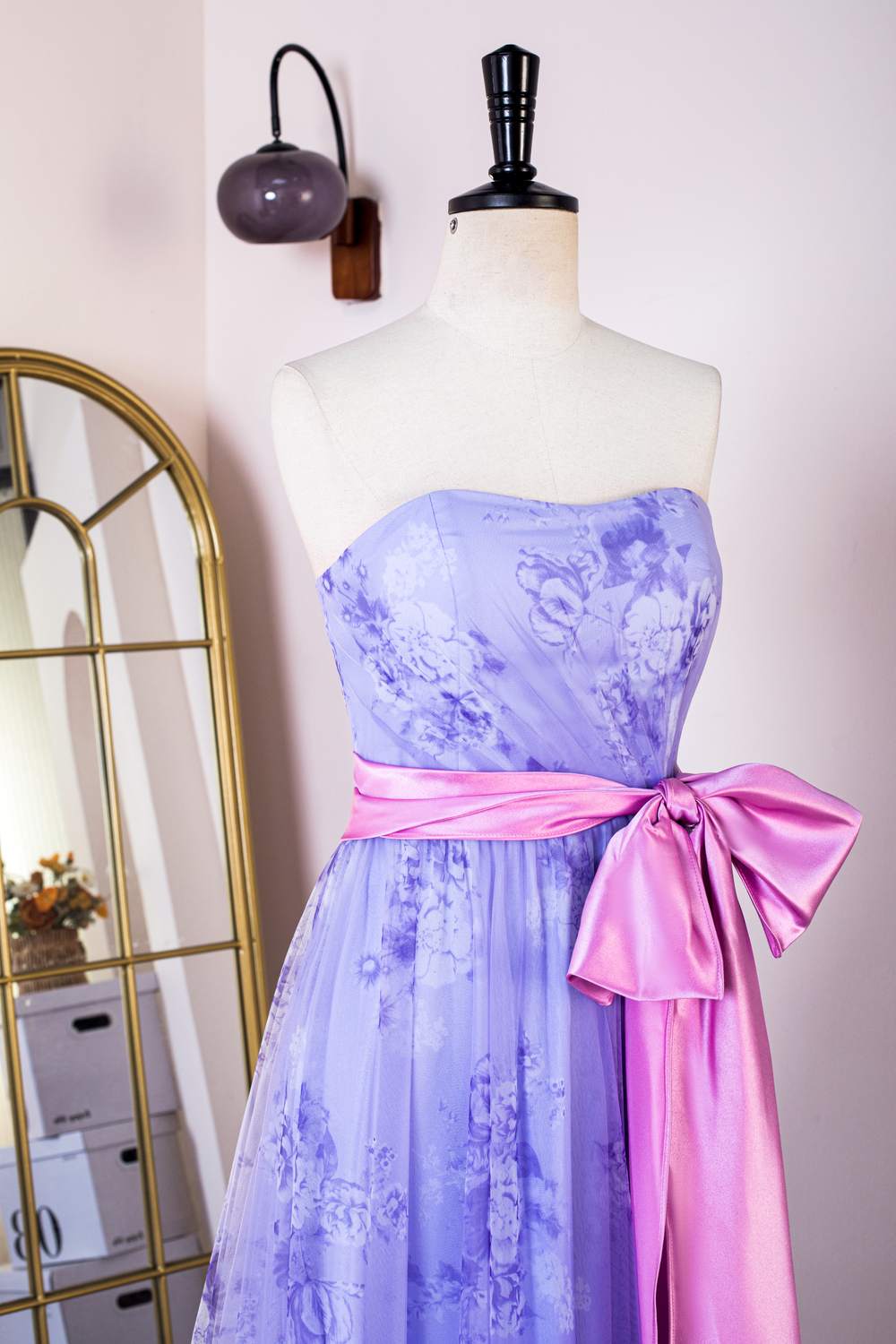Strapless Lavender Ruffled Floral Bow Sash Long Prom Dress
