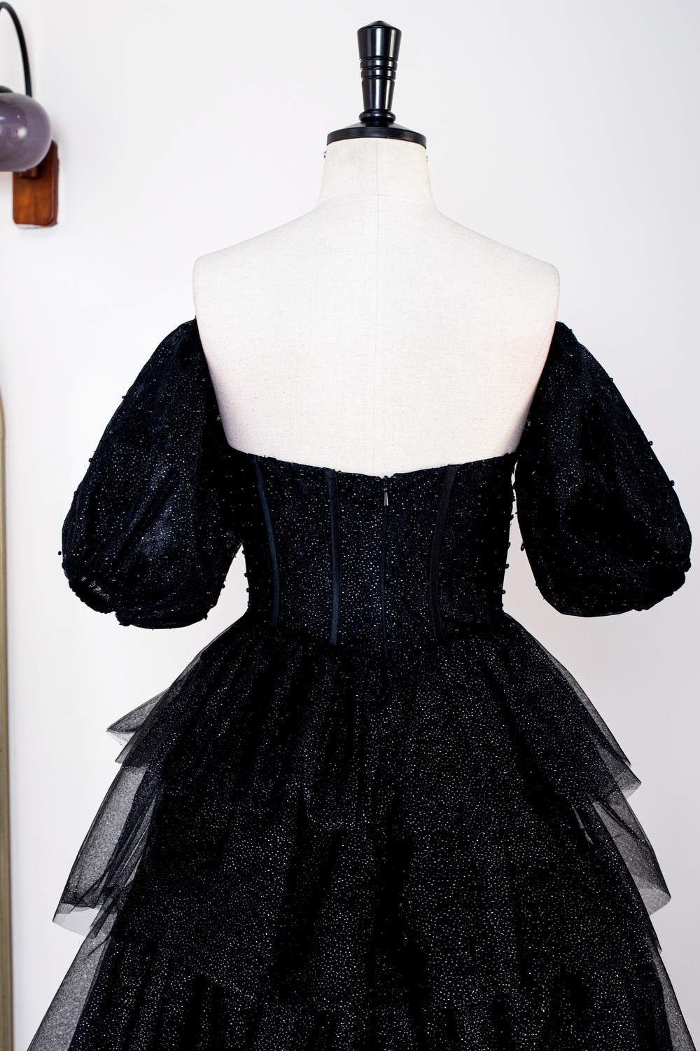 Off-Shoulder Sparkly Black Puff Sleeves Ruffle Tulle Prom Dress