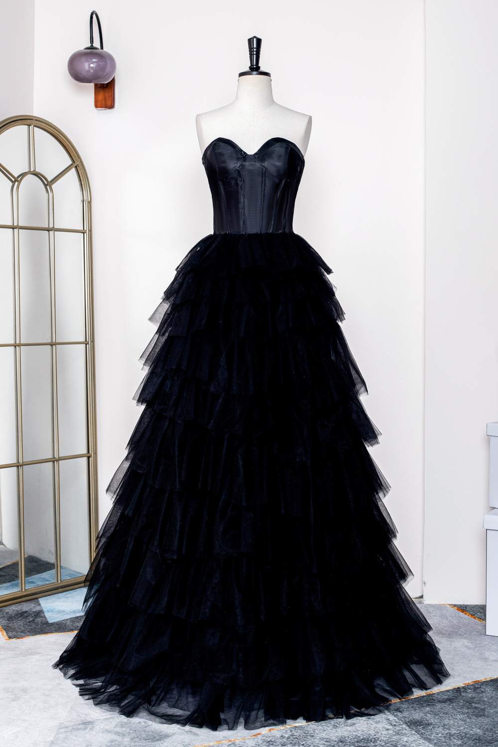 Strapless Satin Top Black Tiered Long Prom Dress