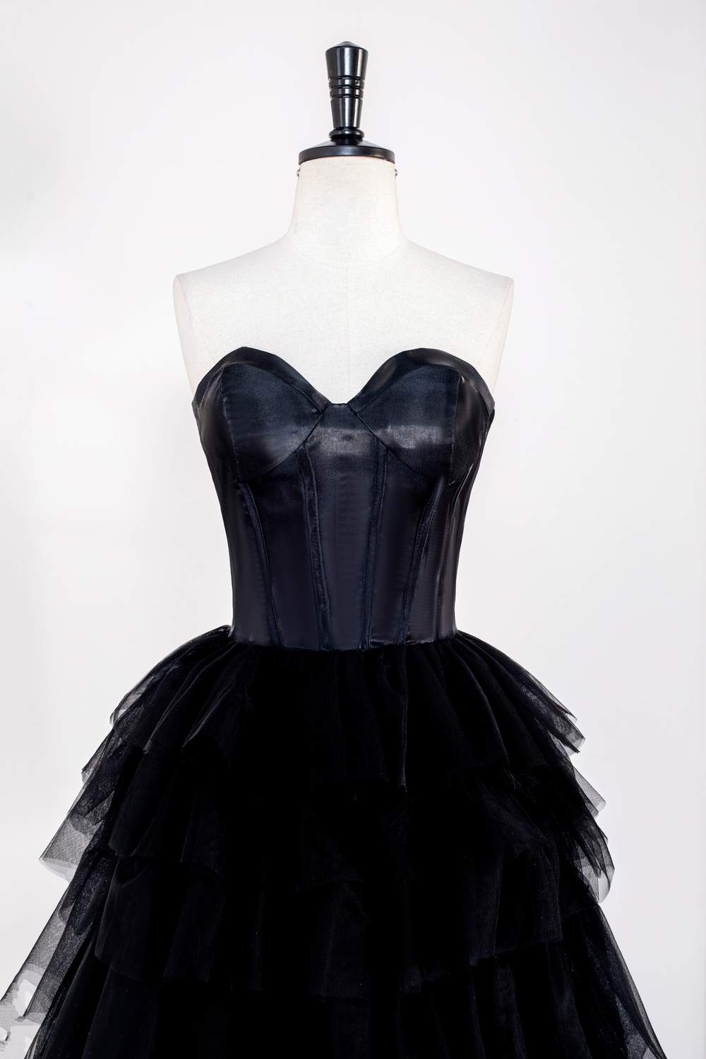 Strapless Satin Top Black Tiered Long Prom Dress