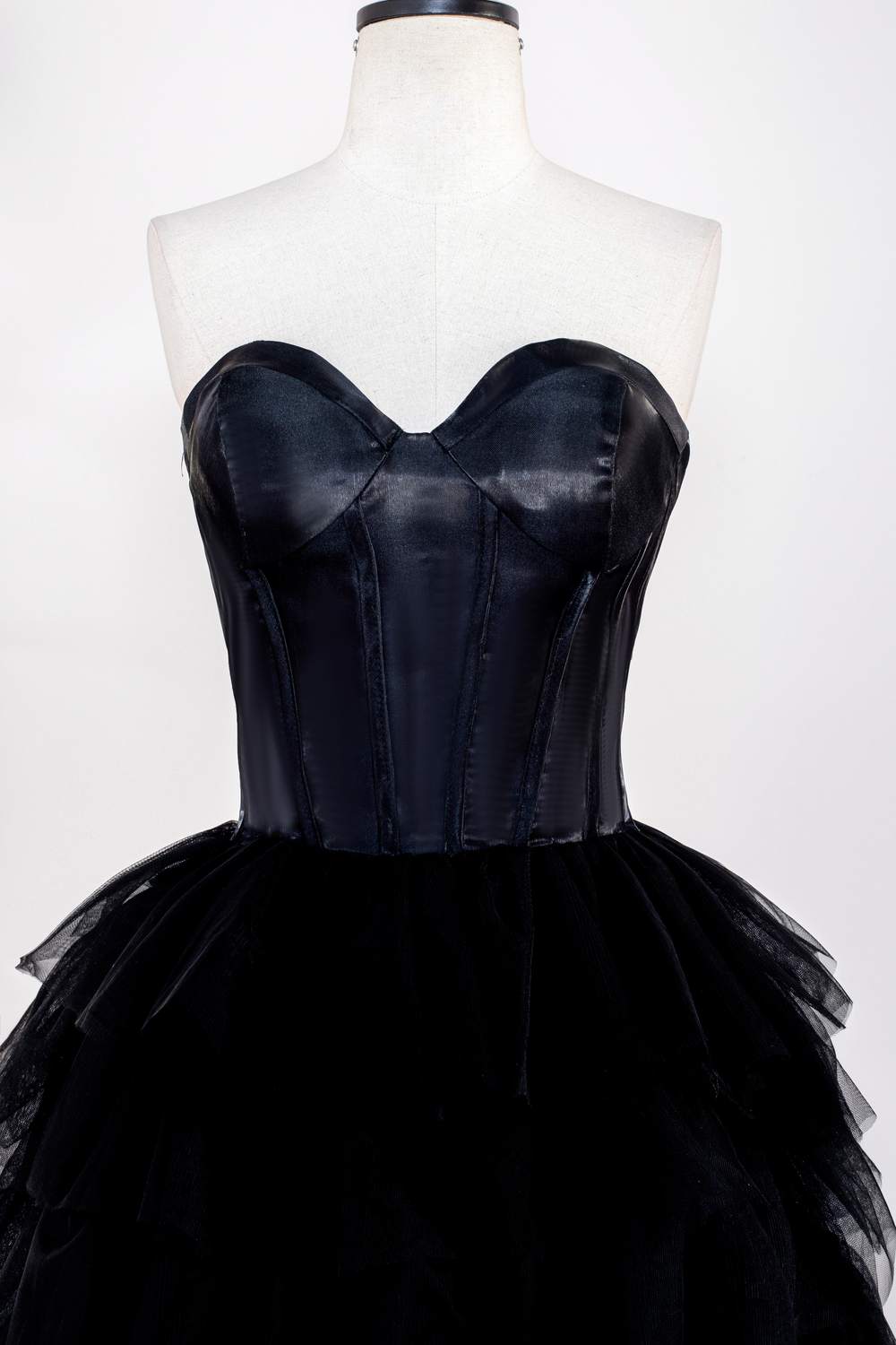 Strapless Satin Top Black Tiered Long Prom Dress