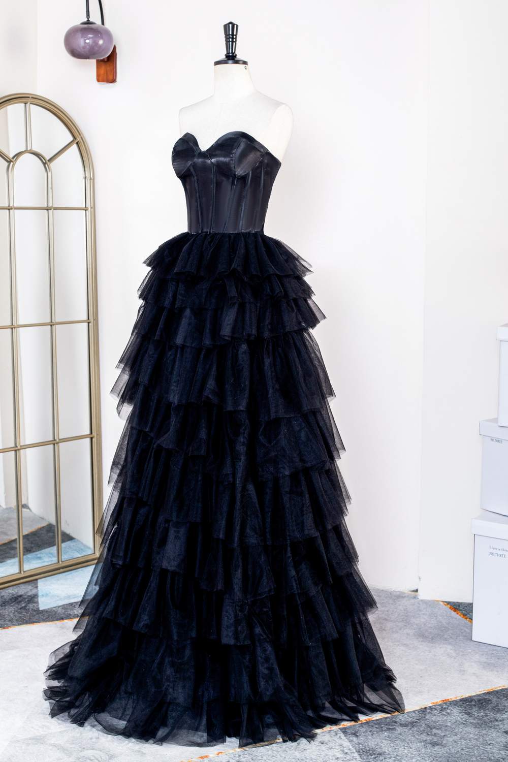 Strapless Satin Top Black Tiered Long Prom Dress