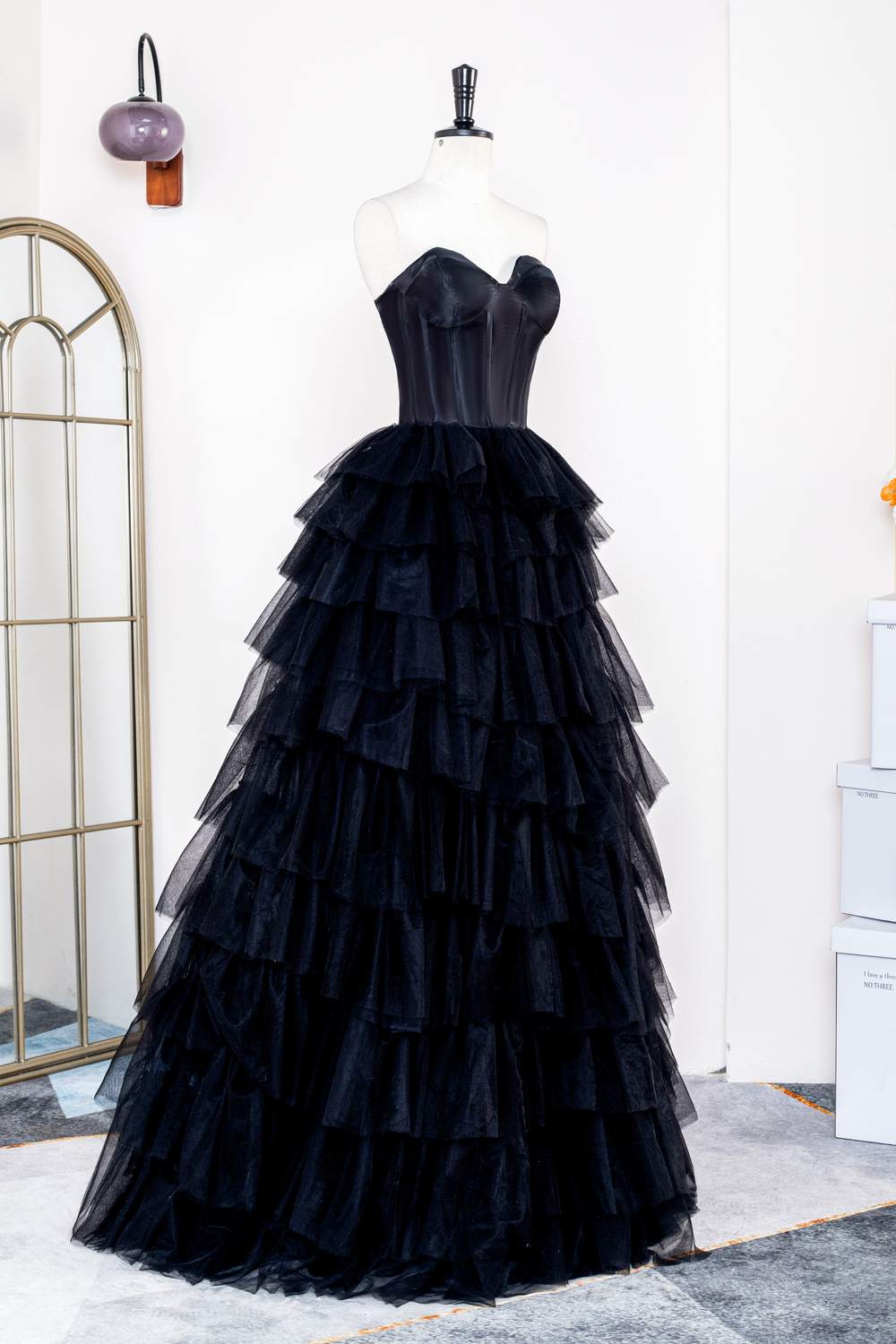 Strapless Satin Top Black Tiered Long Prom Dress