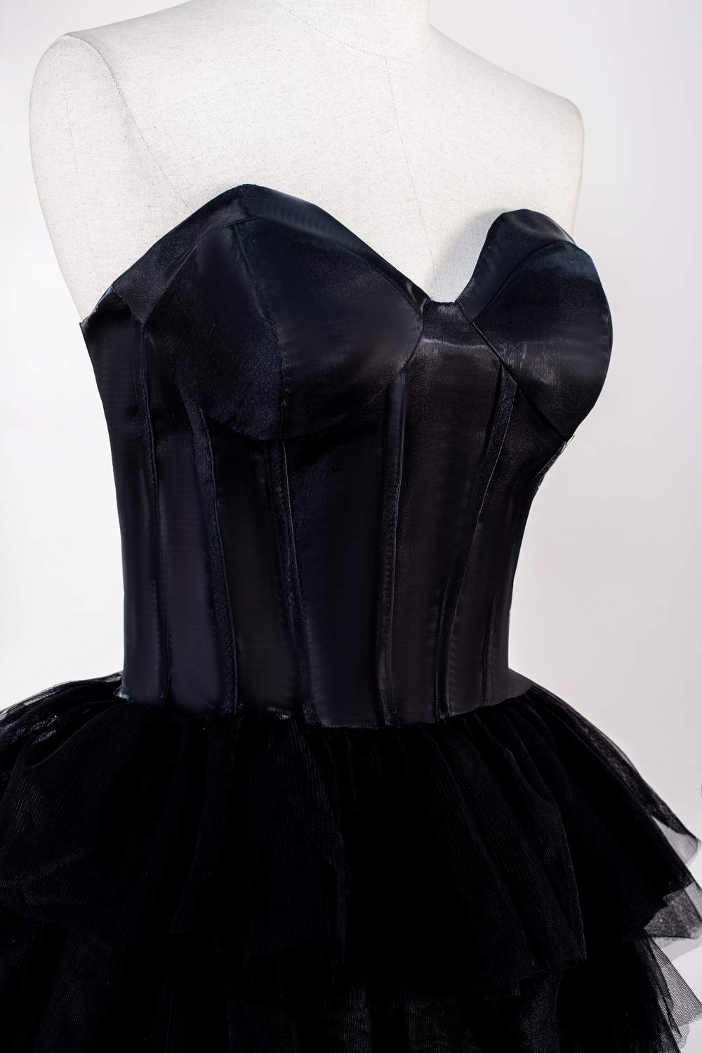 Strapless Satin Top Black Tiered Long Prom Dress