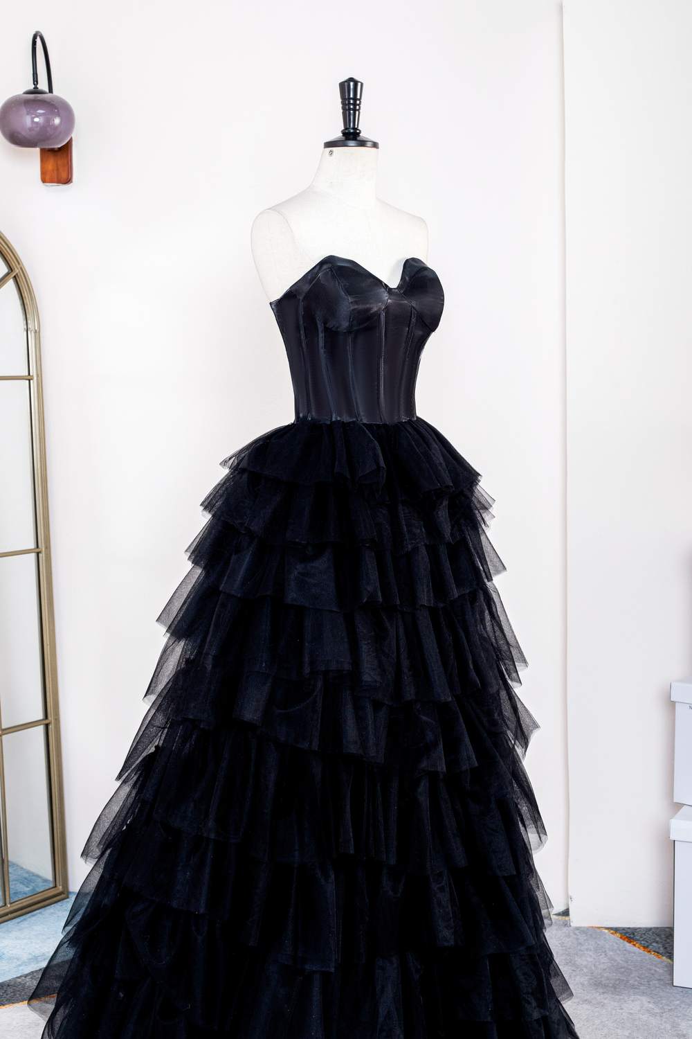 Strapless Satin Top Black Tiered Long Prom Dress