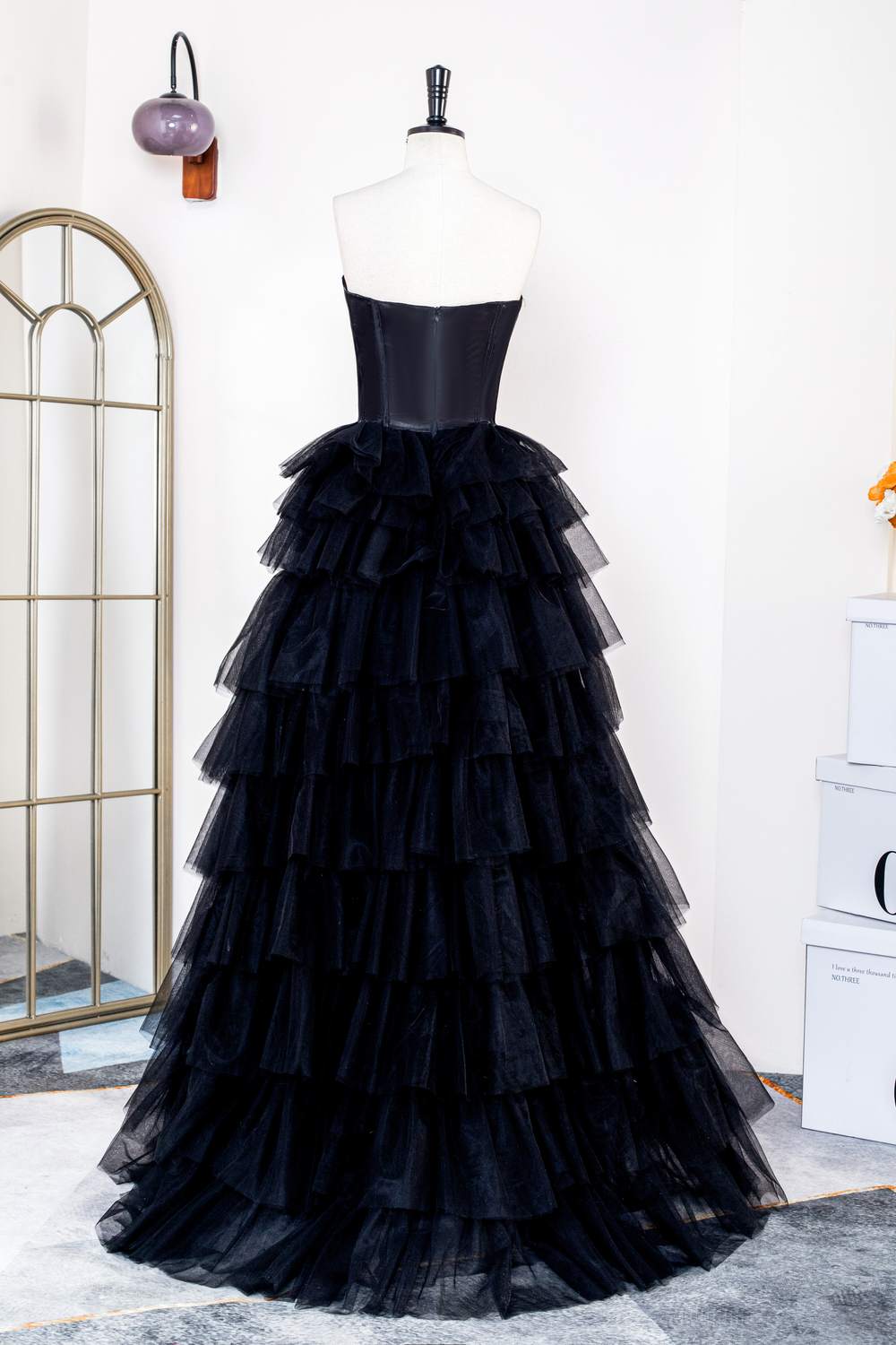 Strapless Satin Top Black Tiered Long Prom Dress