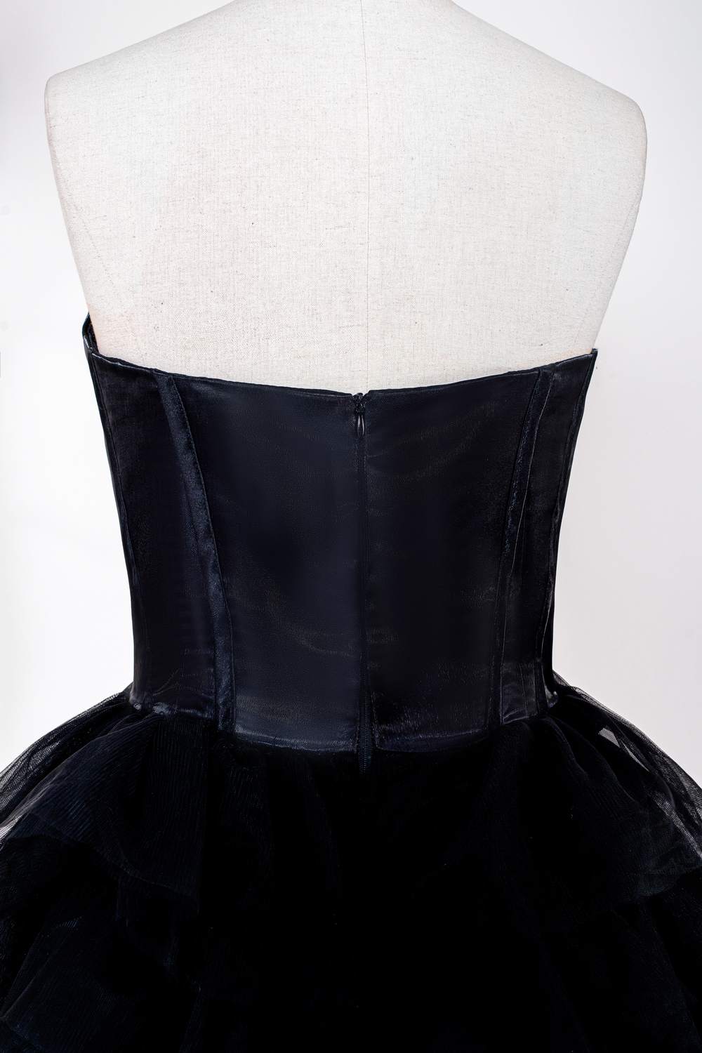 Strapless Satin Top Black Tiered Long Prom Dress