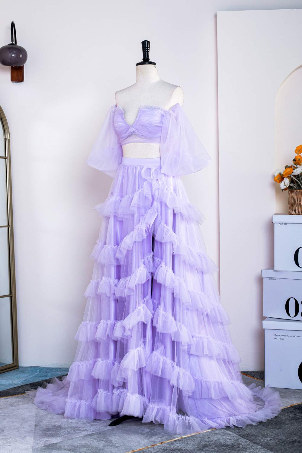 Off-Shoulder Two-Piece Lavender Puff Sleeves Slit Long Prom Dress