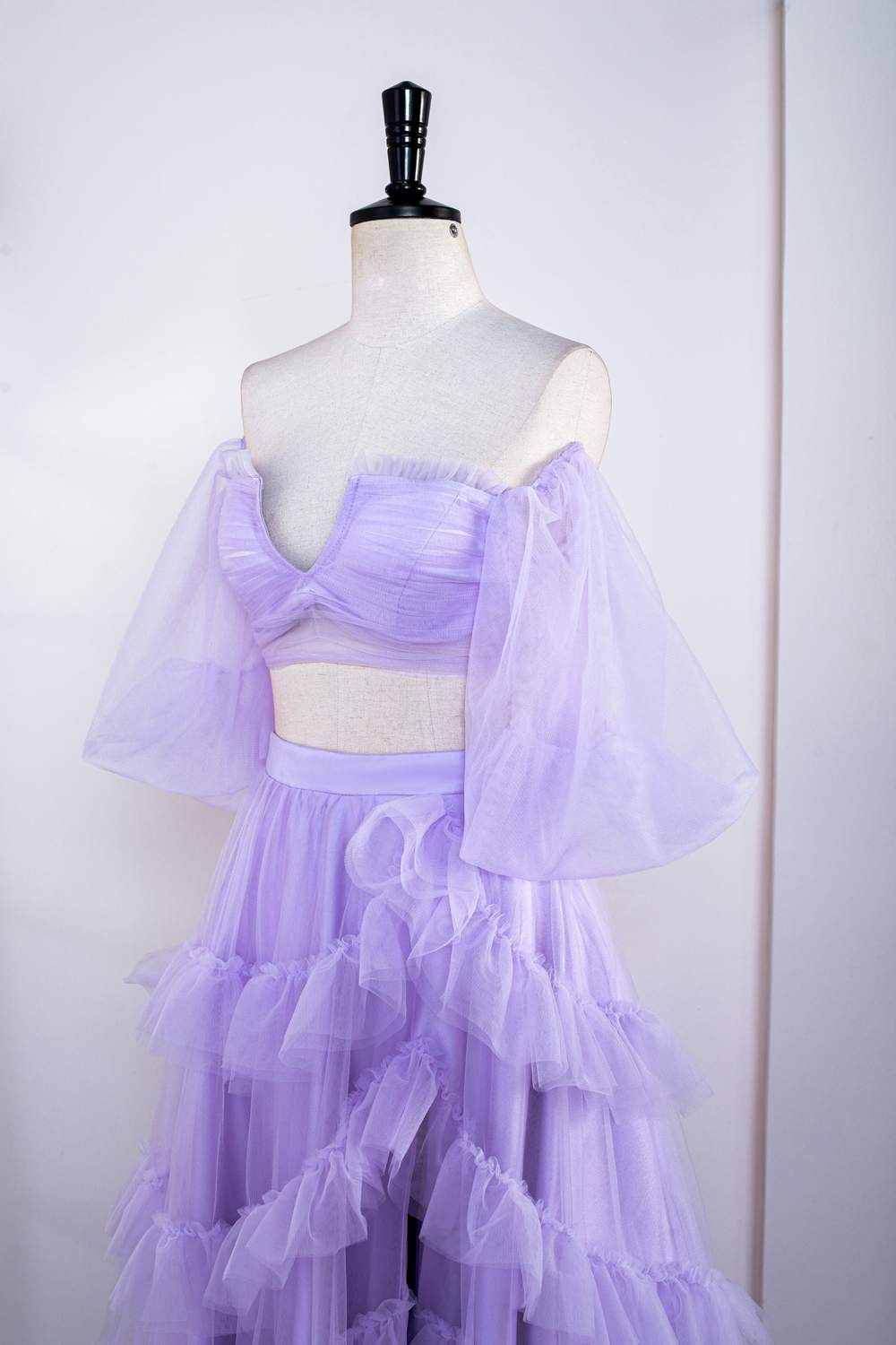 Off-Shoulder Two-Piece Lavender Puff Sleeves Slit Long Prom Dress