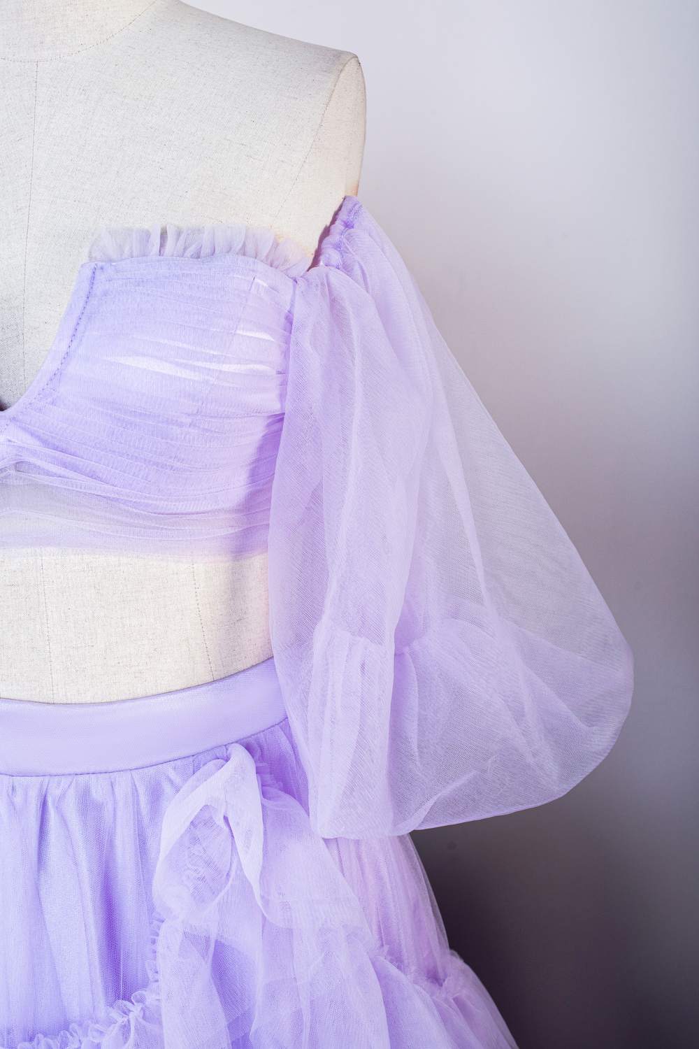 Off-Shoulder Two-Piece Lavender Puff Sleeves Slit Long Prom Dress