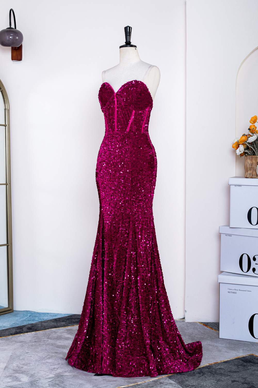 Strapless Sequins Fuchsia Mermaid Long Prom Dress