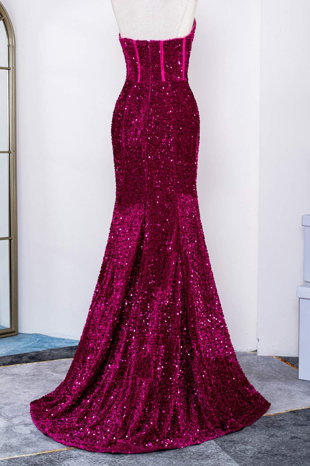 Strapless Sequins Fuchsia Mermaid Long Prom Dress
