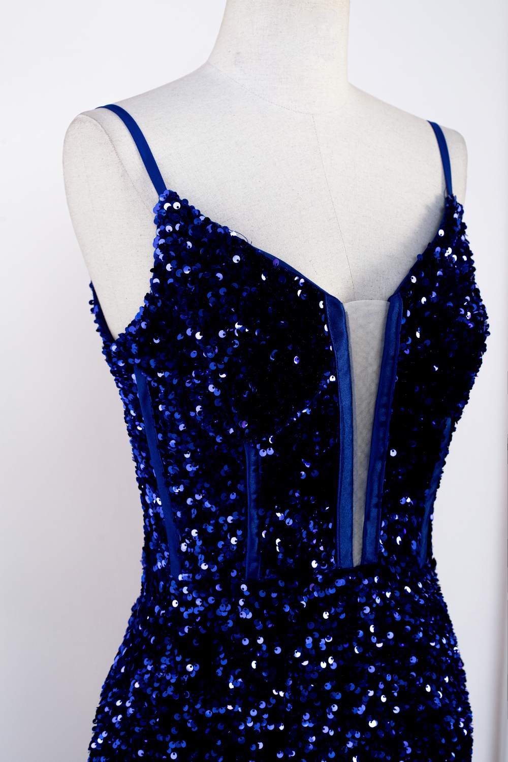 Spaghetti Straps Royal Blue Sequins Mermaid Long Prom Dress