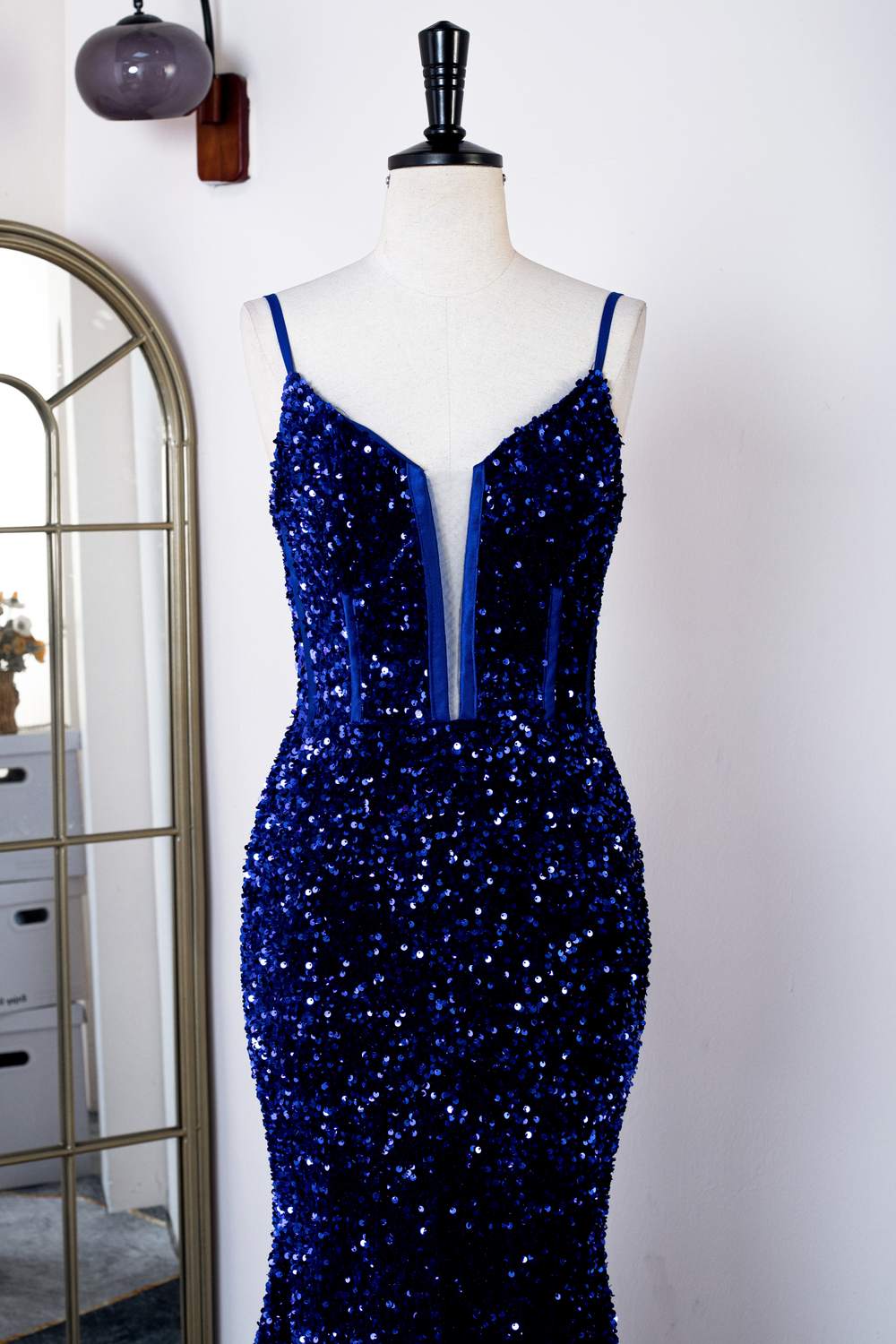 Spaghetti Straps Royal Blue Sequins Mermaid Long Prom Dress