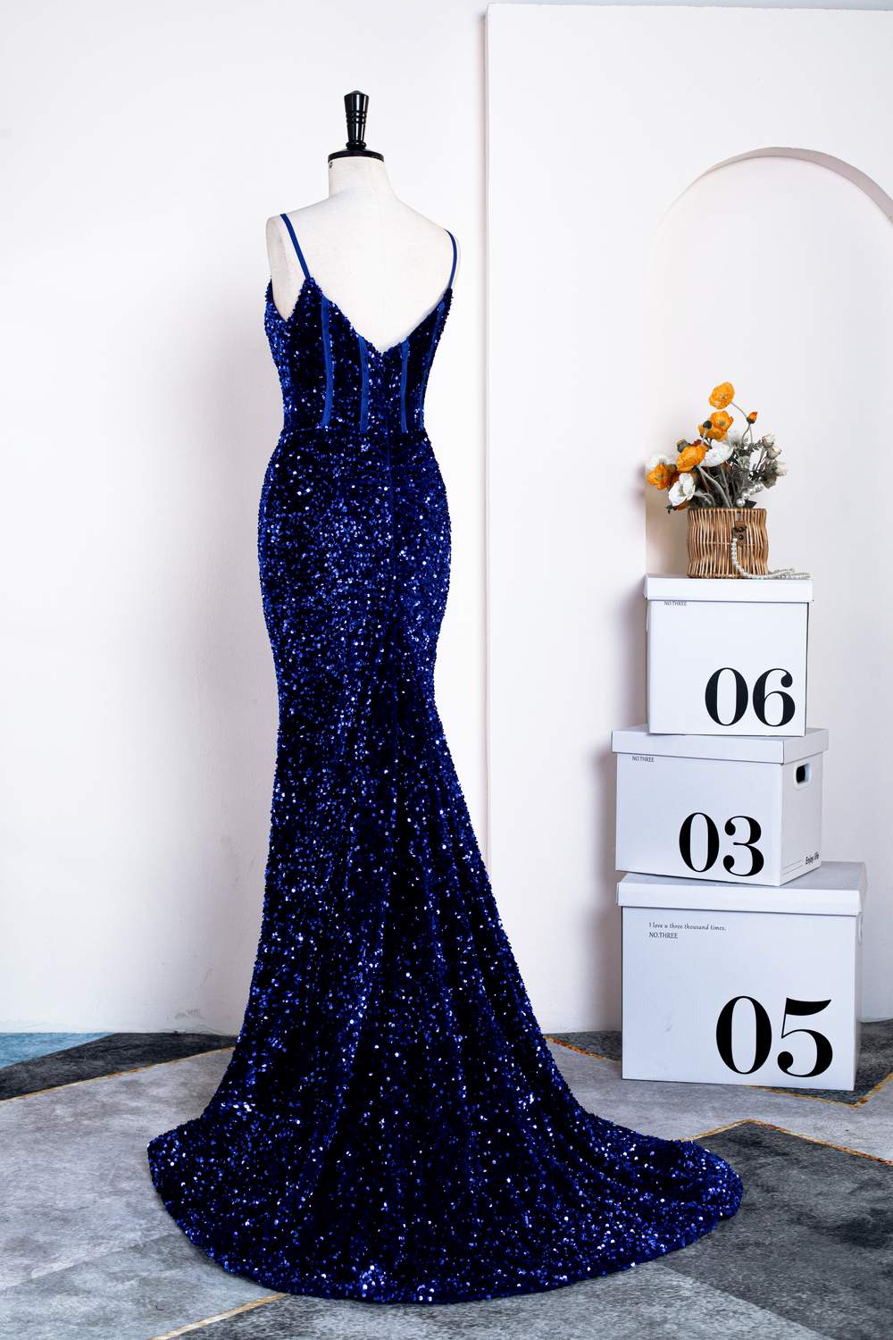 Spaghetti Straps Royal Blue Sequins Mermaid Long Prom Dress
