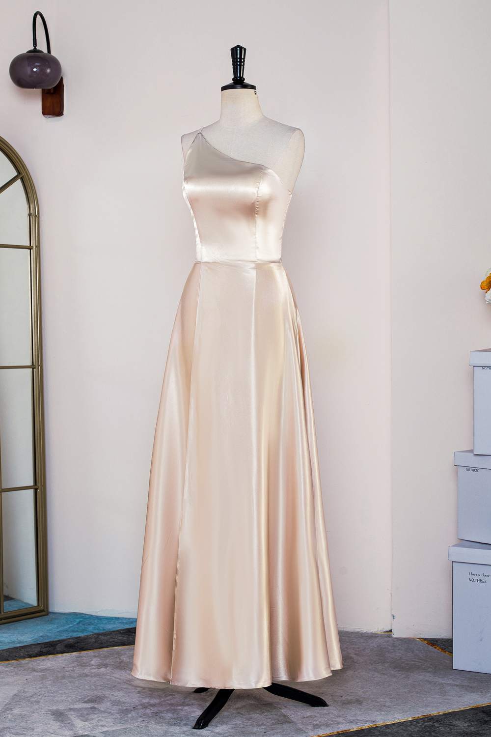 One Shoulder Champagne Satin A-line Bridesmaid Dress