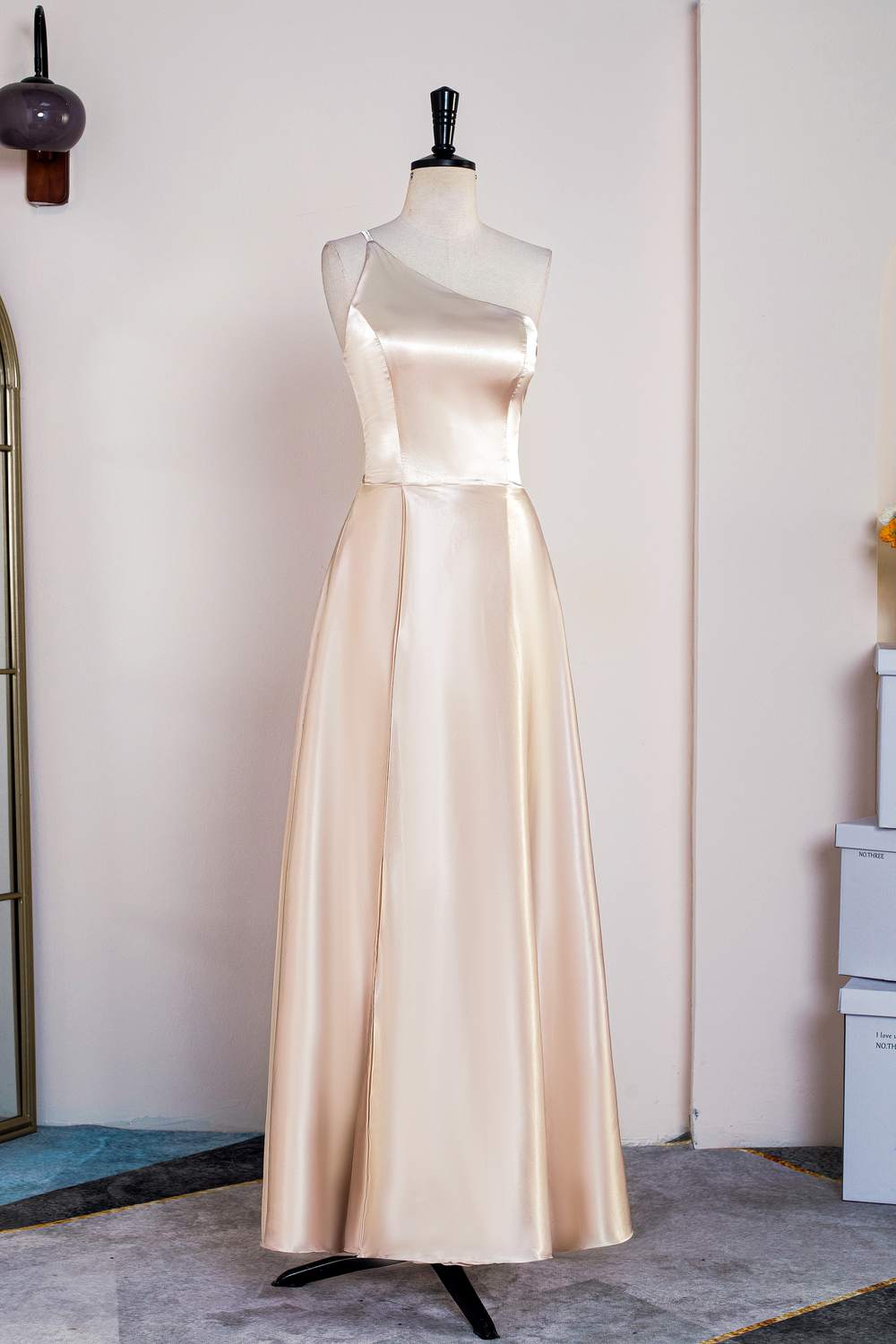 One Shoulder Champagne Satin A-line Bridesmaid Dress