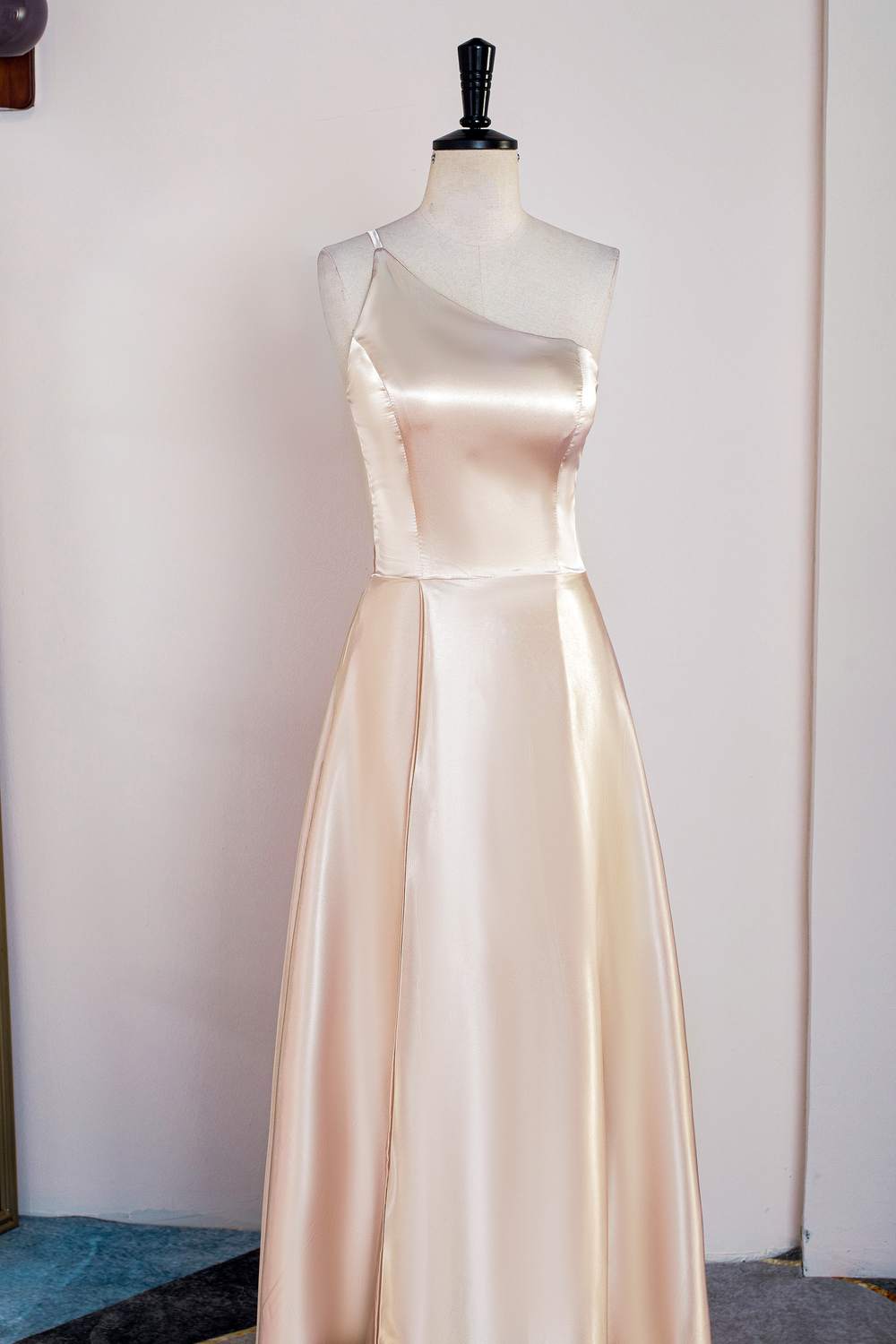 One Shoulder Champagne Satin A-line Bridesmaid Dress