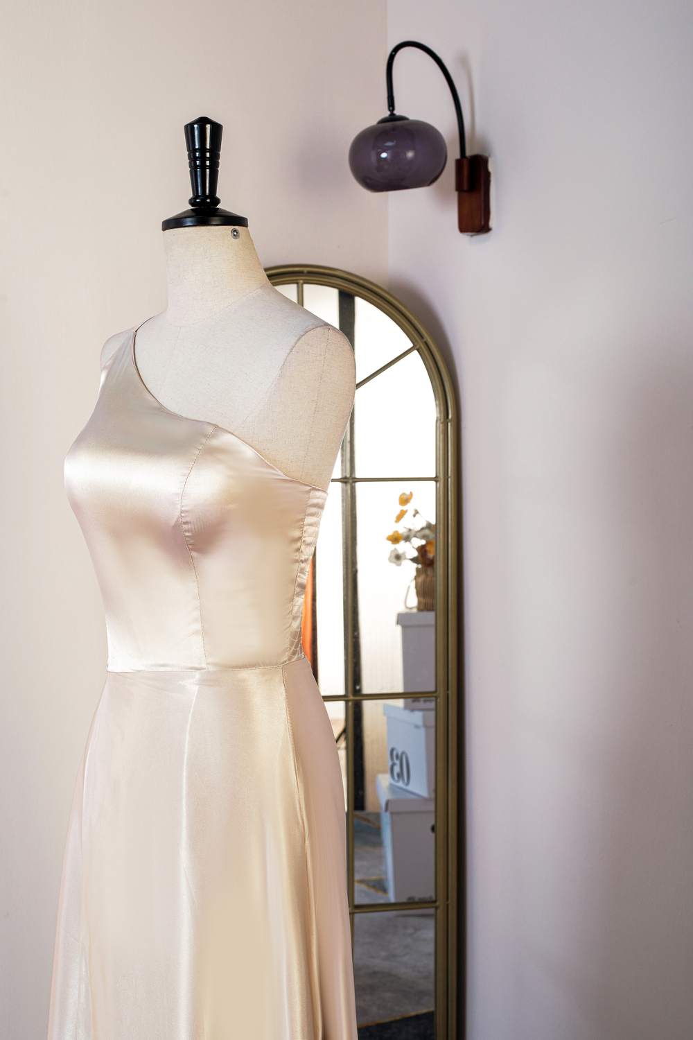 One Shoulder Champagne Satin A-line Bridesmaid Dress