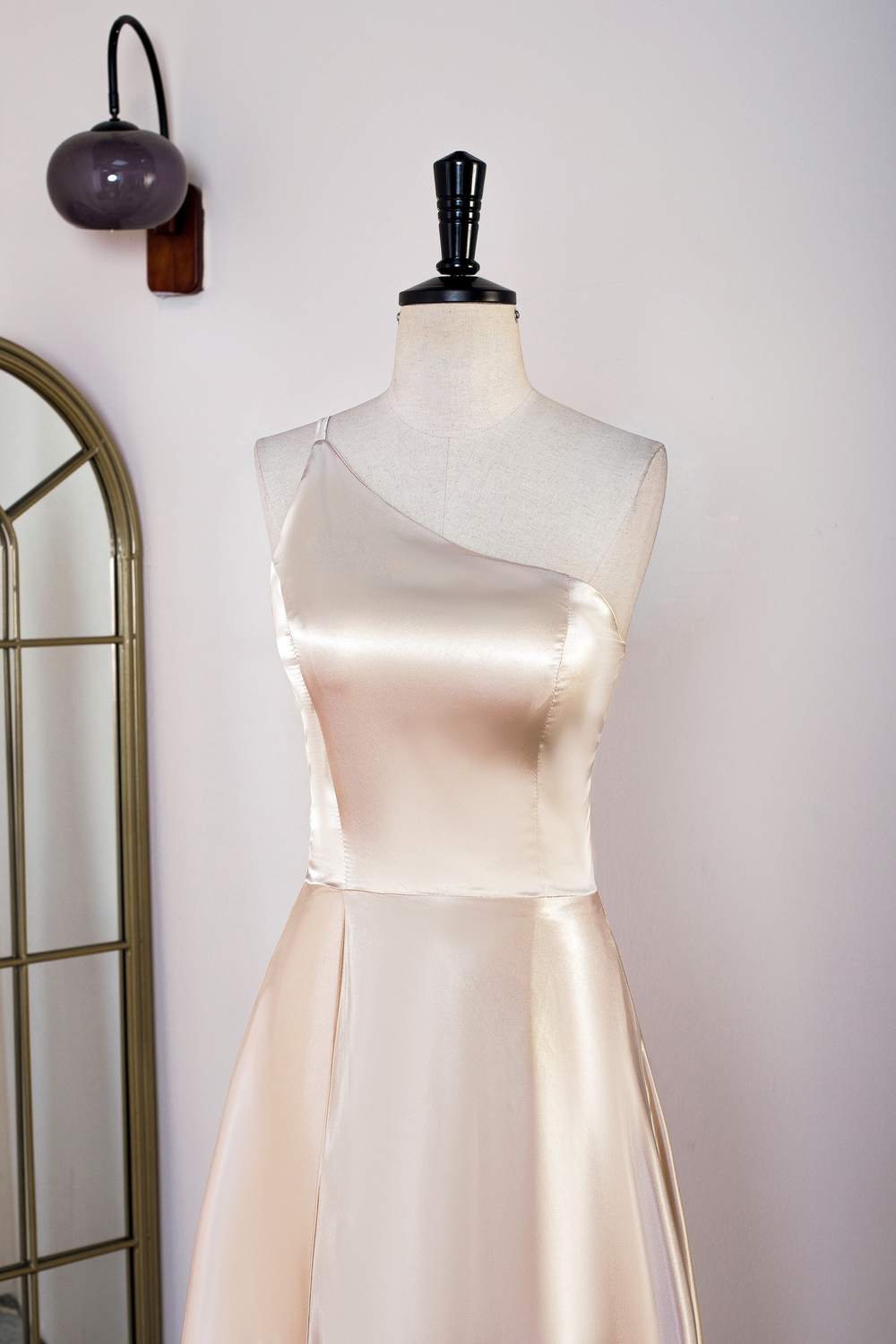 One Shoulder Champagne Satin A-line Bridesmaid Dress