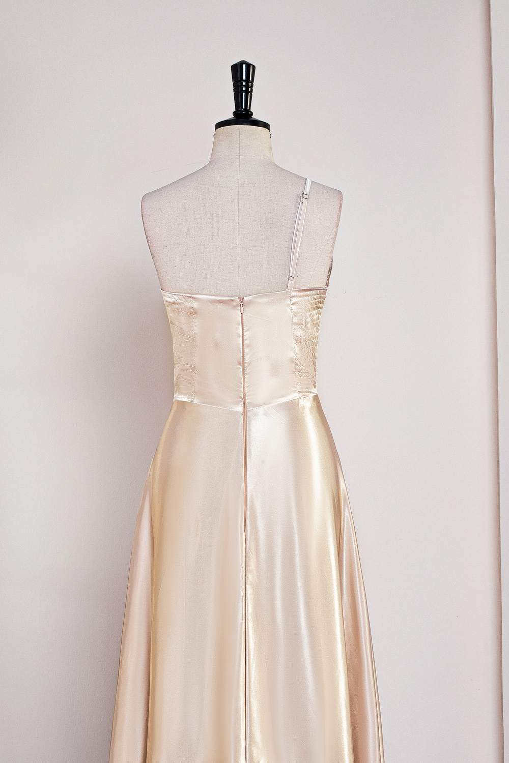 One Shoulder Champagne Satin A-line Bridesmaid Dress