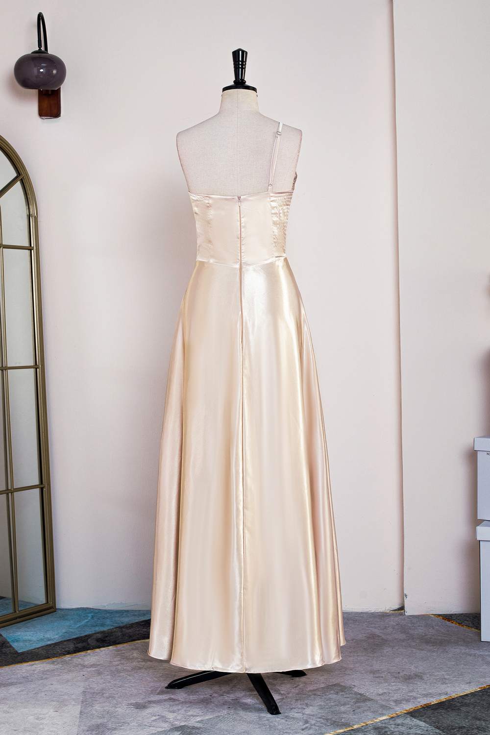 One Shoulder Champagne Satin A-line Bridesmaid Dress