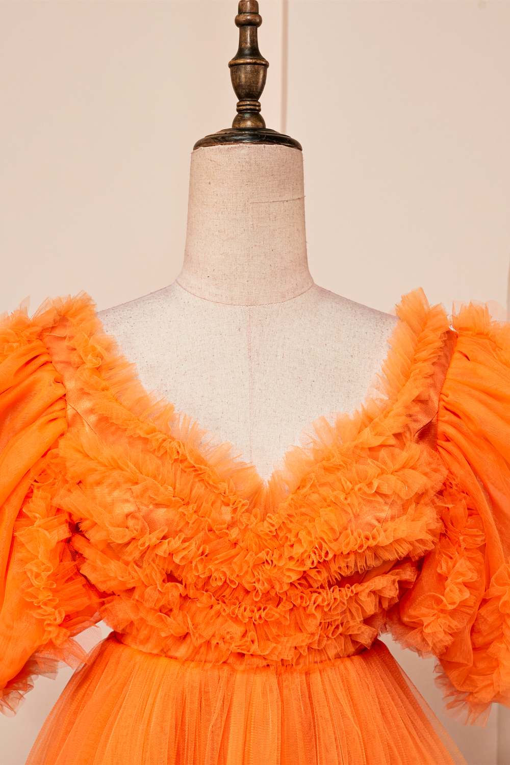 V-Neck Orange Puff Sleeves Ruffled A-line Homecoming Dress