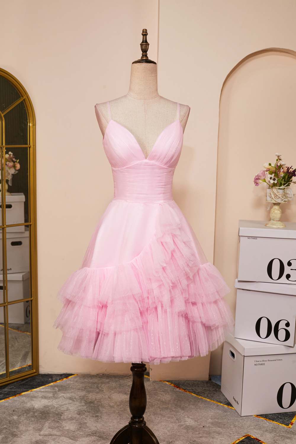 V-Neck Pink A-line Tulle Ruffle Homecoming Dress