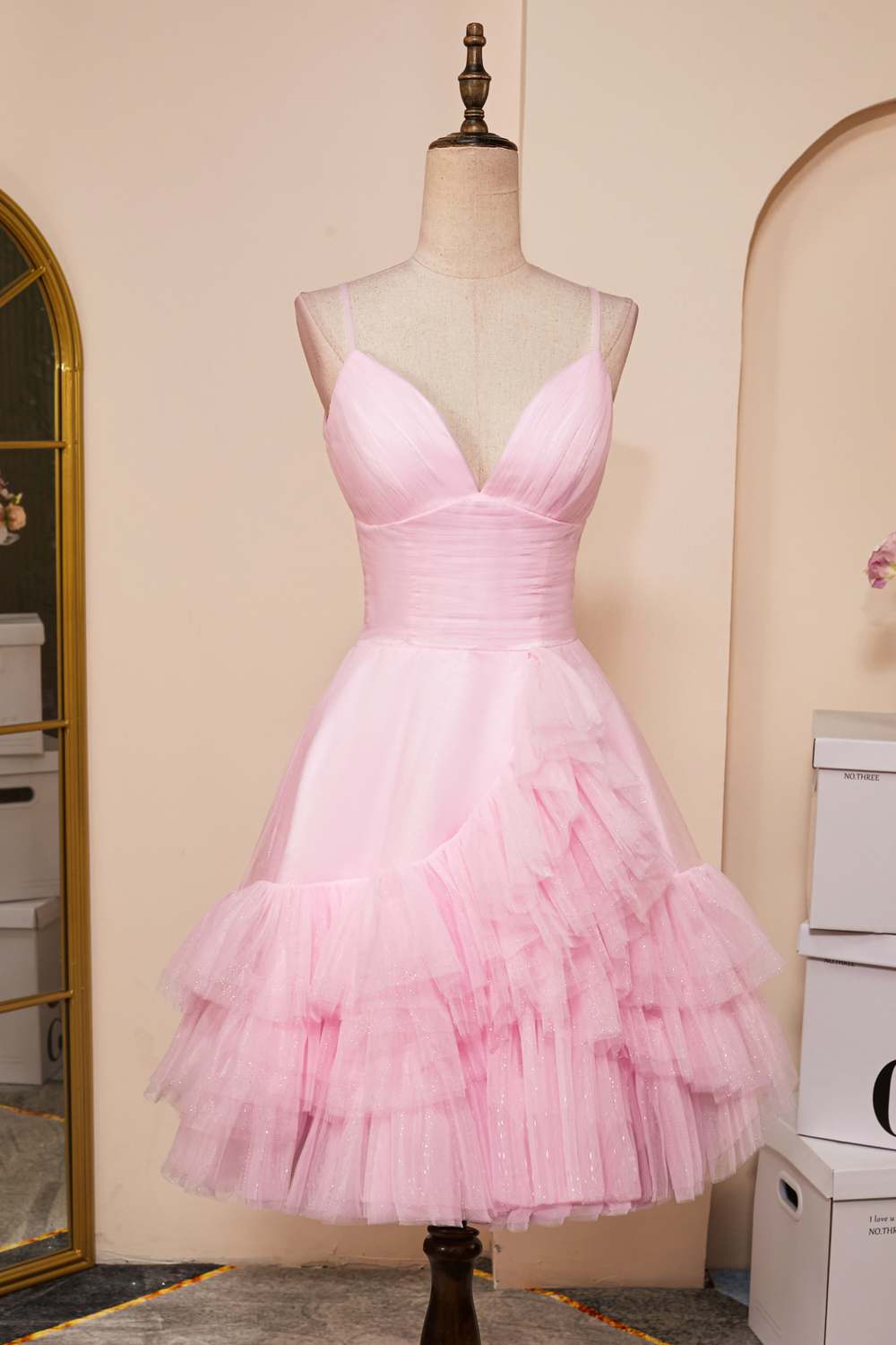 V-Neck Pink A-line Tulle Ruffle Homecoming Dress