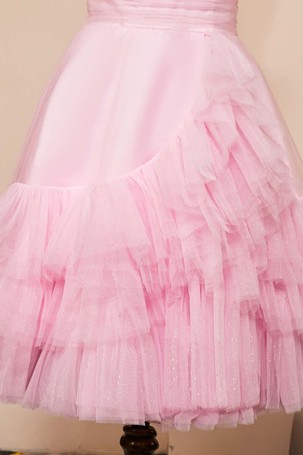 V-Neck Pink A-line Tulle Ruffle Homecoming Dress