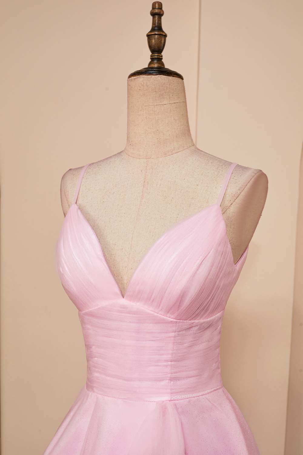 V-Neck Pink A-line Tulle Ruffle Homecoming Dress