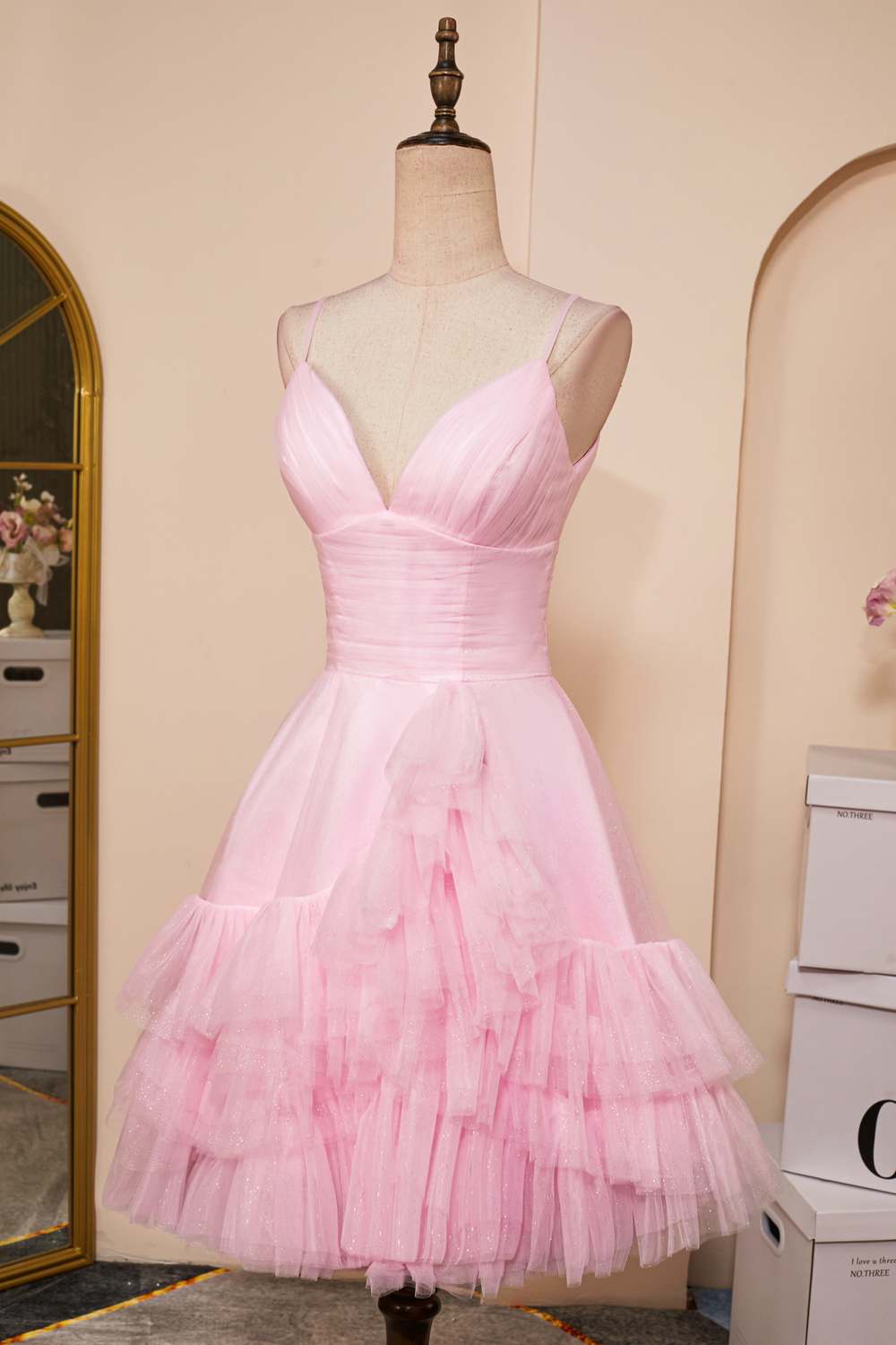 V-Neck Pink A-line Tulle Ruffle Homecoming Dress