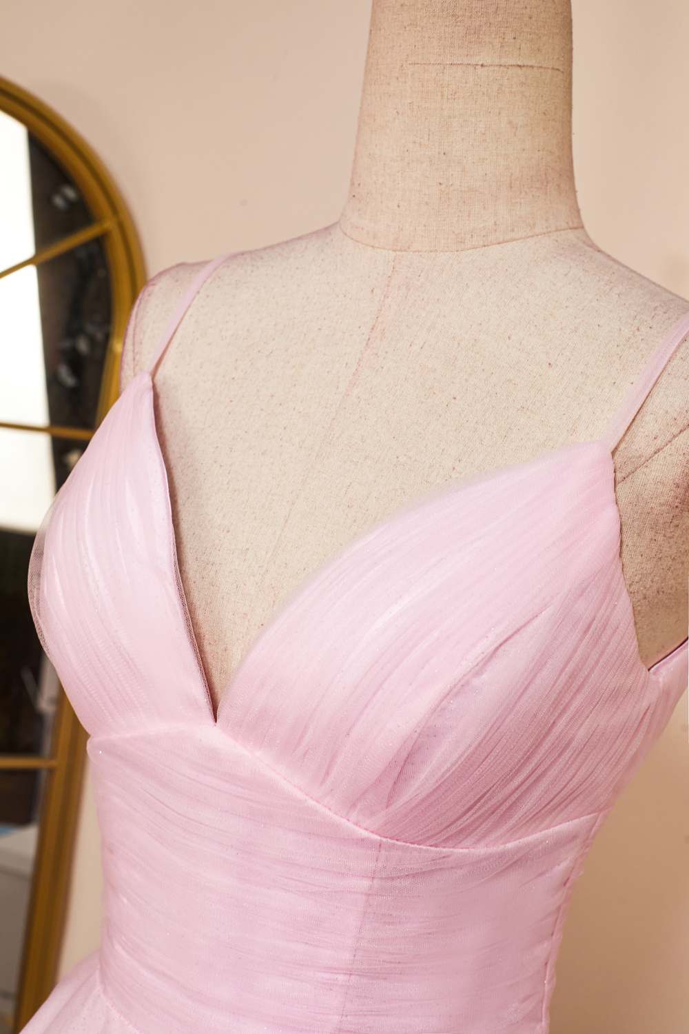 V-Neck Pink A-line Tulle Ruffle Homecoming Dress