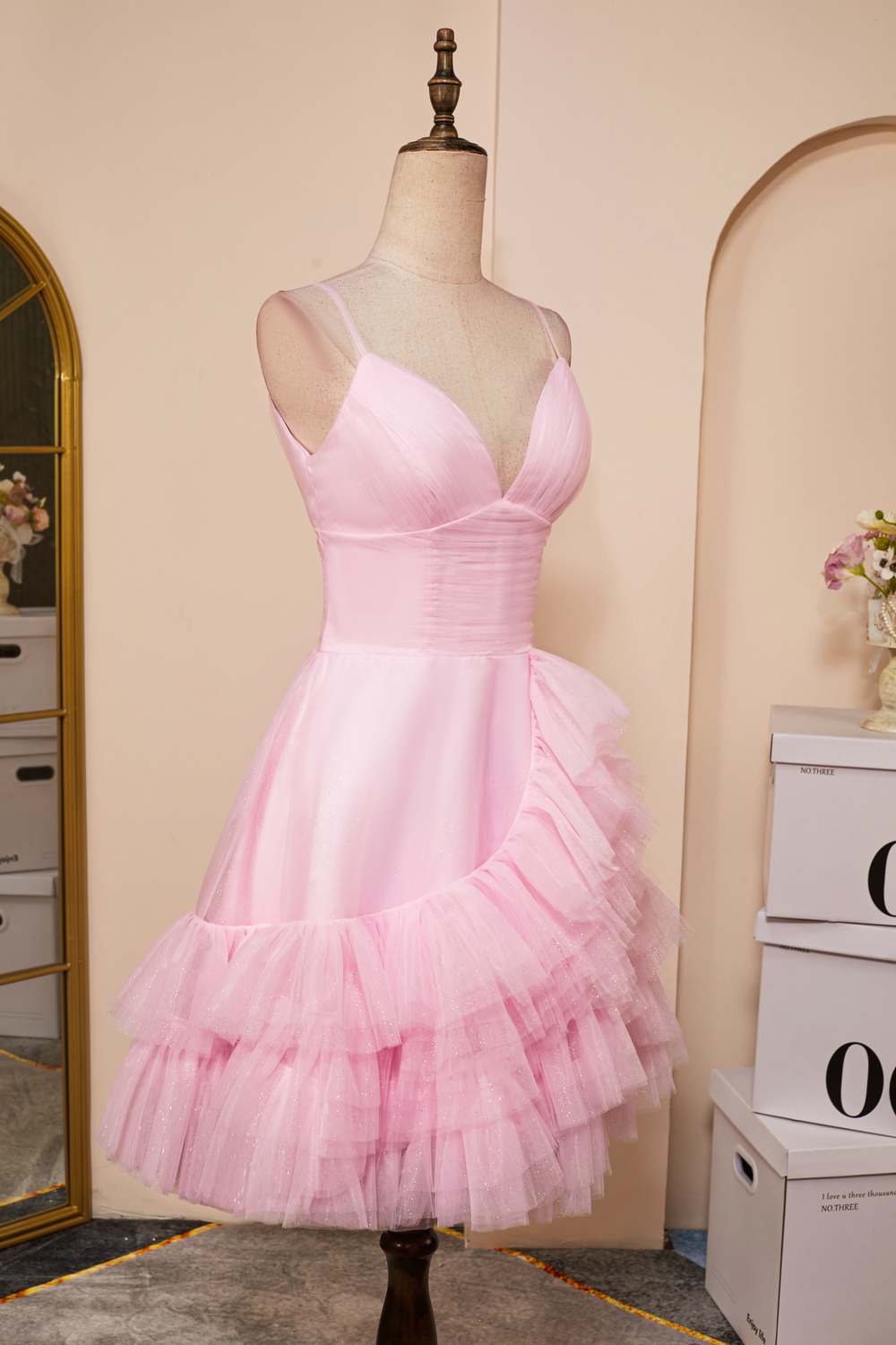V-Neck Pink A-line Tulle Ruffle Homecoming Dress