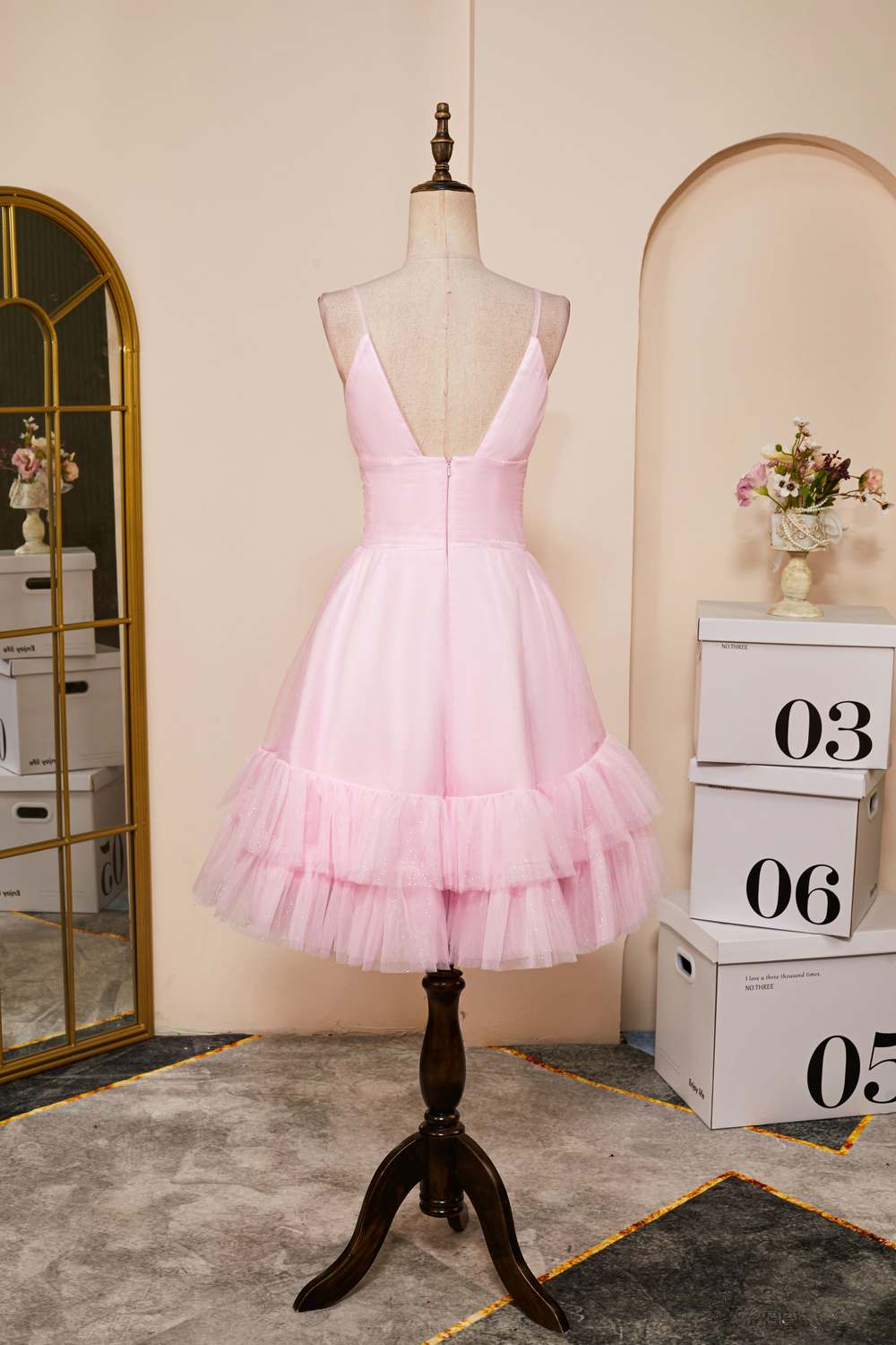 V-Neck Pink A-line Tulle Ruffle Homecoming Dress