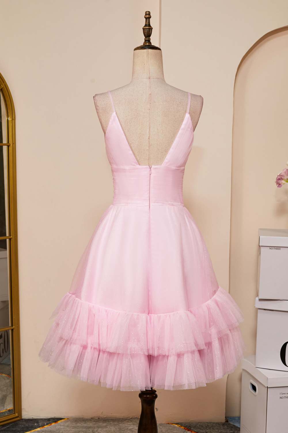 V-Neck Pink A-line Tulle Ruffle Homecoming Dress