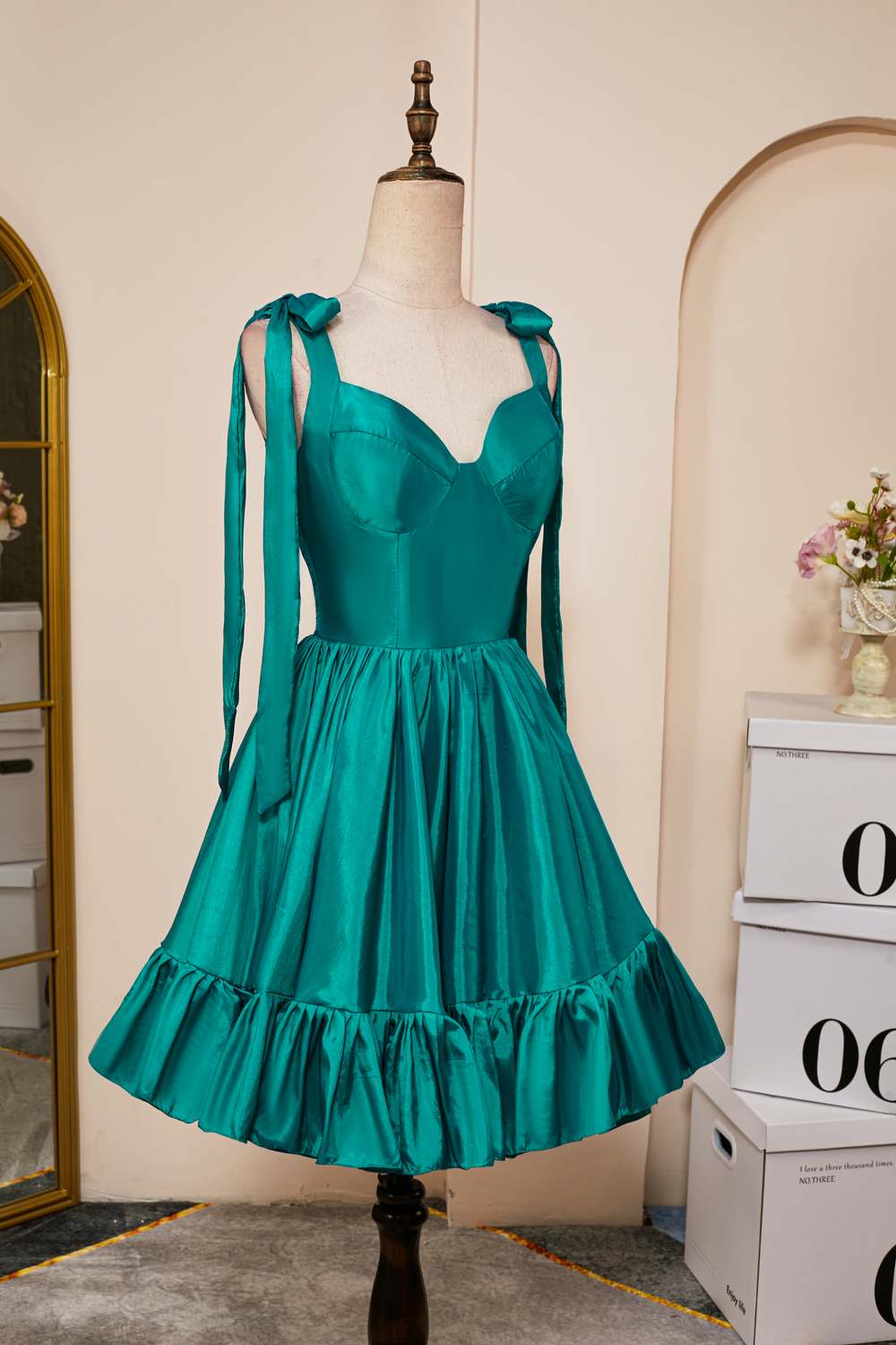 A-line Hunter Green Bow Tie Straps Satin Ruffled Homecoming Dress