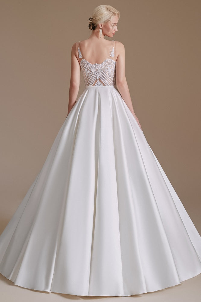 White V-Neck Sleeveless A-Line Long Wedding Dress with Lace Top