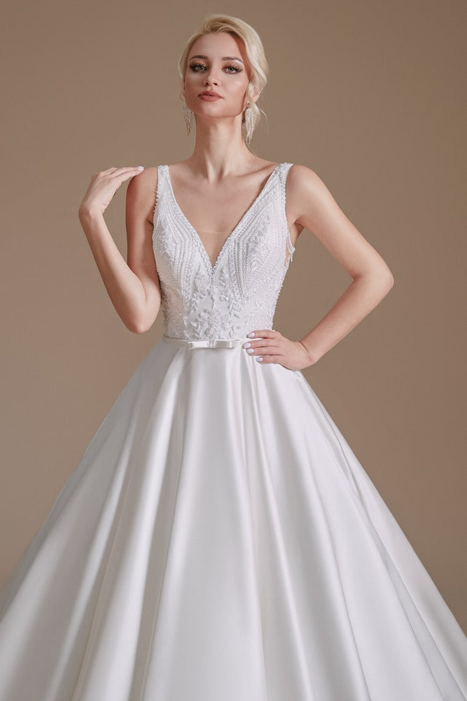 White V-Neck Sleeveless A-Line Long Wedding Dress with Lace Top