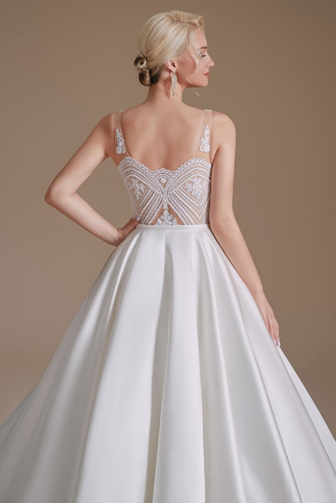White V-Neck Sleeveless A-Line Long Wedding Dress with Lace Top