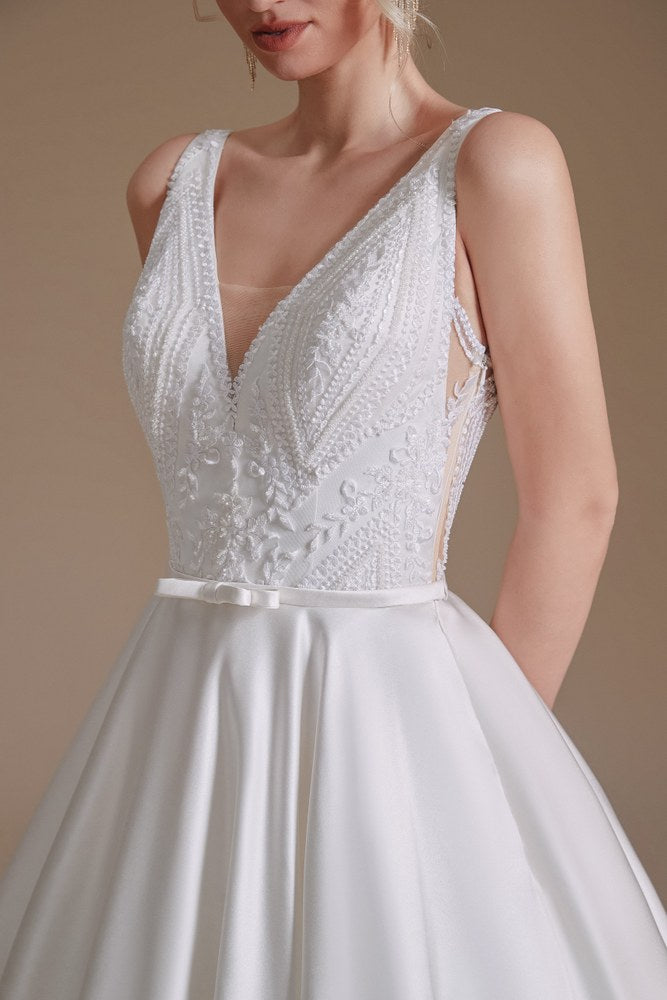 White V-Neck Sleeveless A-Line Long Wedding Dress with Lace Top