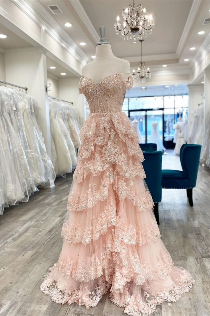 Pink Off-Shoulder Lace Applique Ruffle A-line Slit Long Prom Dress