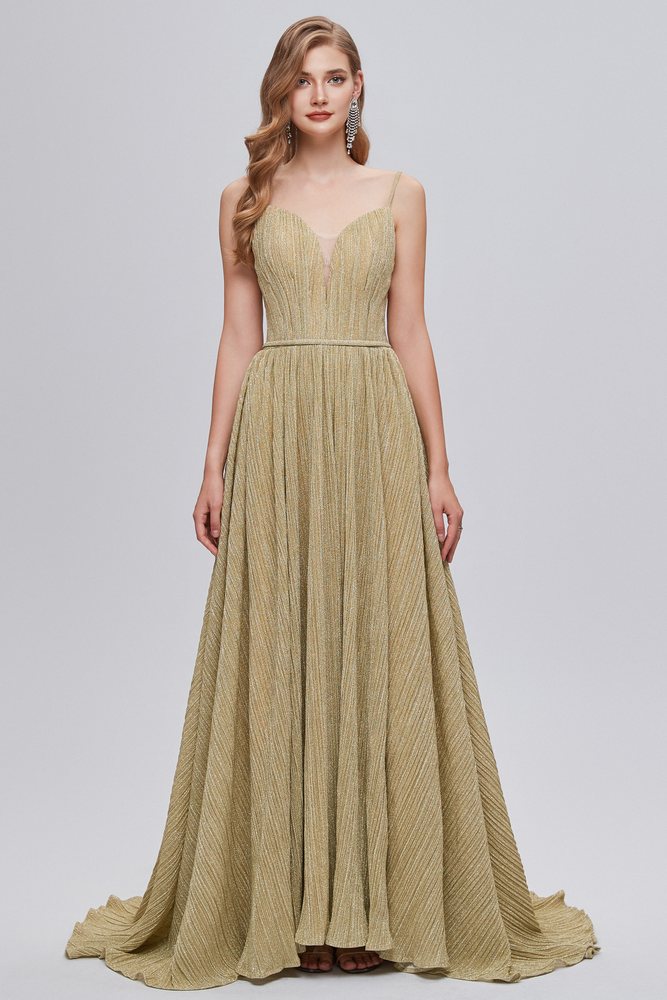 Spaghetti Straps V-Neck Ruffle Open Back Long Prom Dress