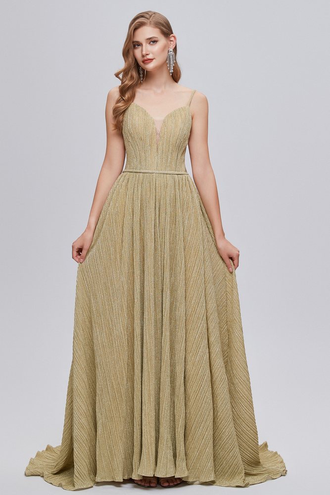 Spaghetti Straps V-Neck Ruffle Open Back Long Prom Dress