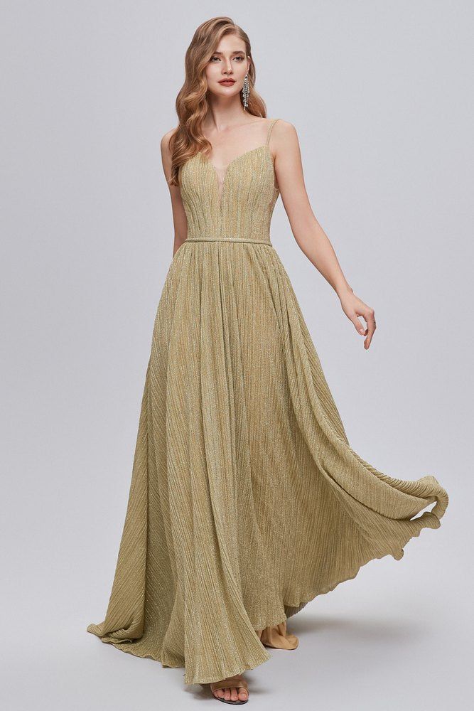 Spaghetti Straps V-Neck Ruffle Open Back Long Prom Dress