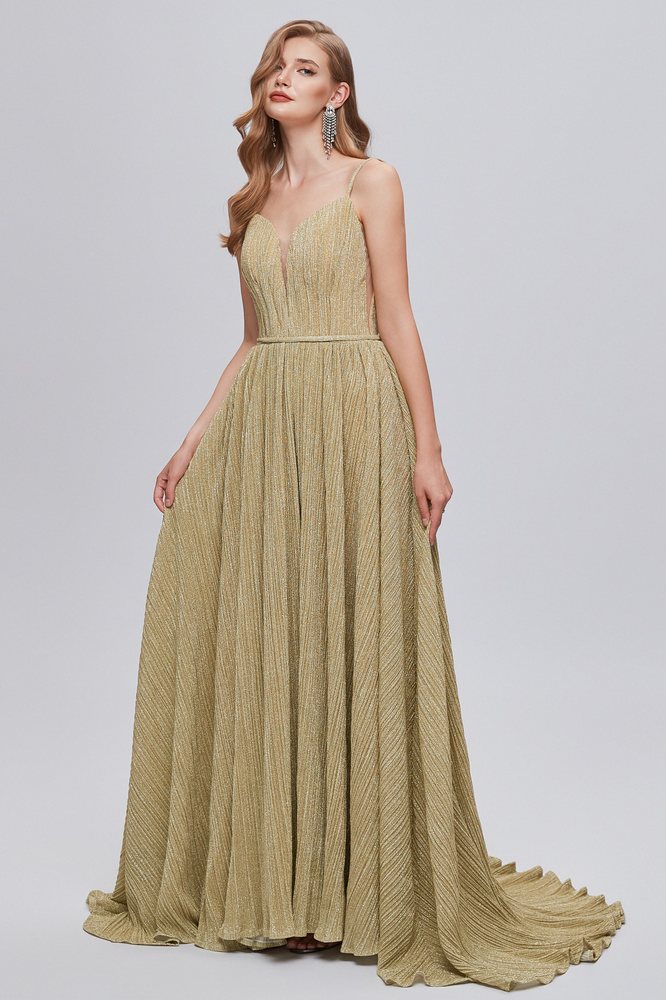 Spaghetti Straps V-Neck Ruffle Open Back Long Prom Dress