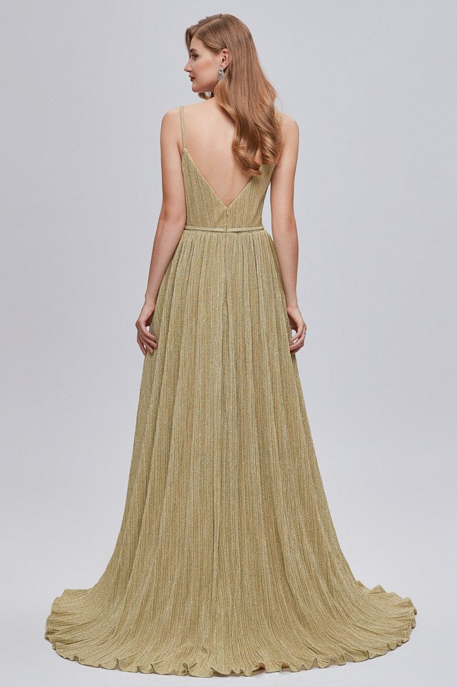 Spaghetti Straps V-Neck Ruffle Open Back Long Prom Dress