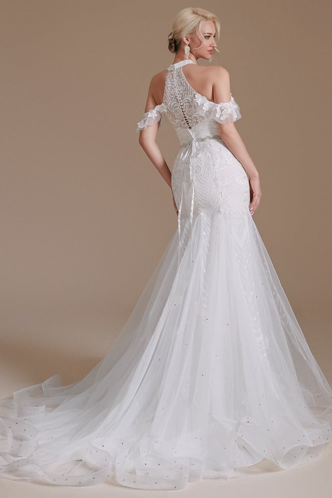 White Halter Neck Lace Mermaid Wedding Dress with Buttons