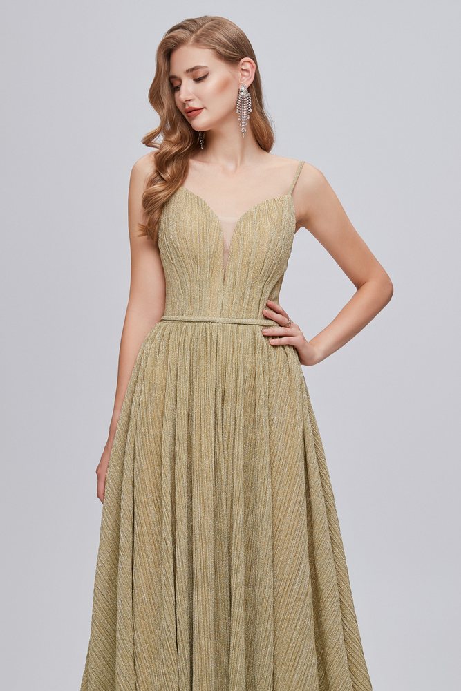 Spaghetti Straps V-Neck Ruffle Open Back Long Prom Dress