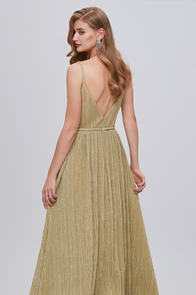 Spaghetti Straps V-Neck Ruffle Open Back Long Prom Dress